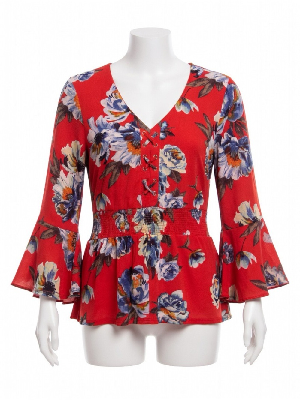 EMBER Red Floral Lace-Up V-Neck Peplum Top SZ Medium